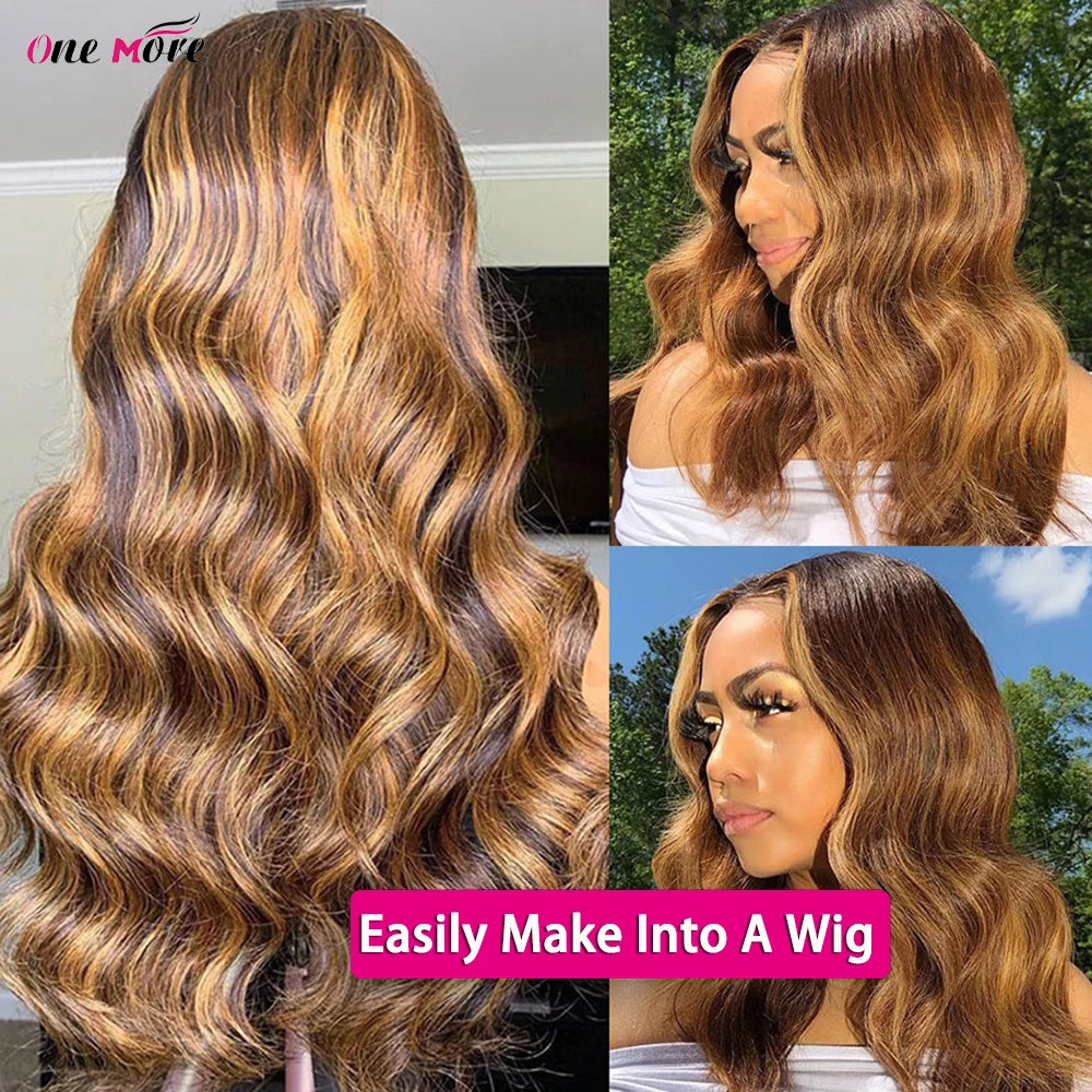 Honey blonde 5x5 closure with bundles of human body wave hair, ombre highlights, from HSF Marketplace.