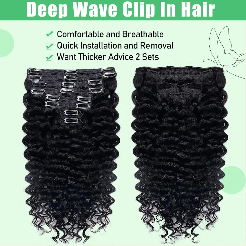 Deep wave Brazilian Remy human hair clip-in extensions, 8-piece set for Black women