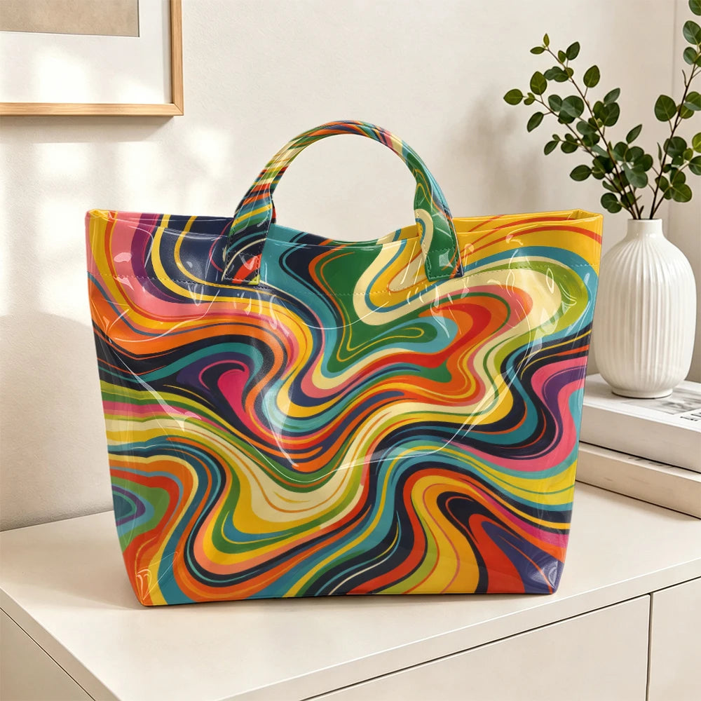 Colorful rainbow swirl marble print tote bag for women, large capacity HSF Marketplace handbag suitable for shopping and travel.