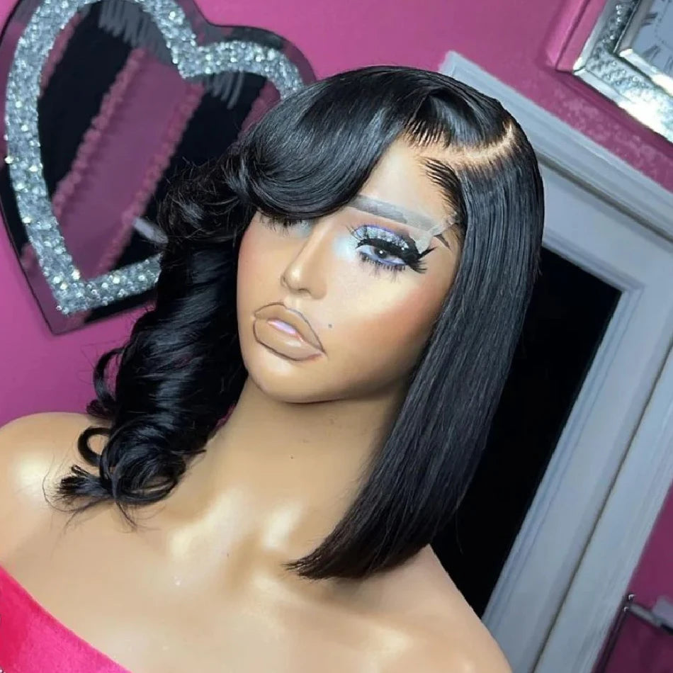 Brazilian straight human hair lace front wig with transparent lace, pre-plucked, 250 density, layered cut, wavy style for women