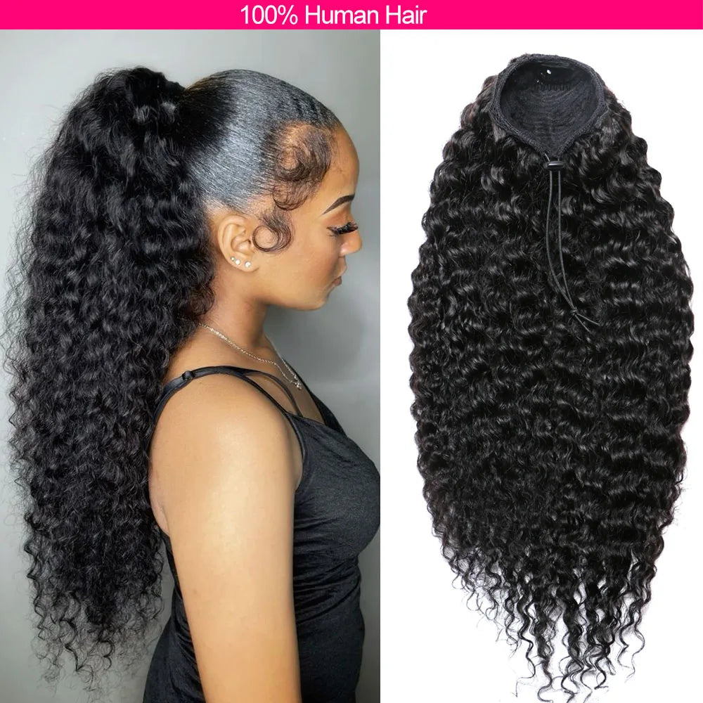 HSF Marketplace Vietnamese human hair kinky curly drawstring ponytail extensions, natural black texture