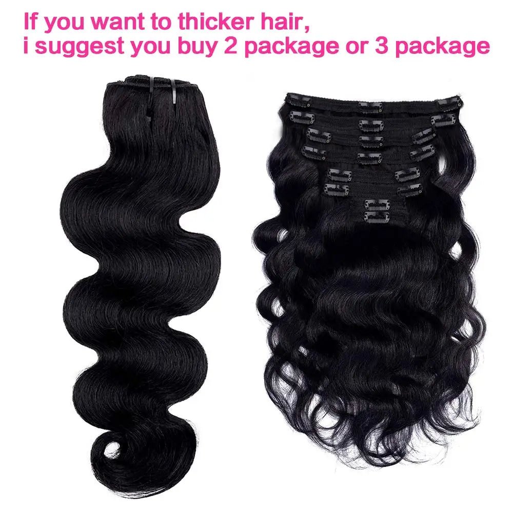 Black body wave Brazilian human hair clip-in extensions, 8-piece double weft set, 120g, shade #1B