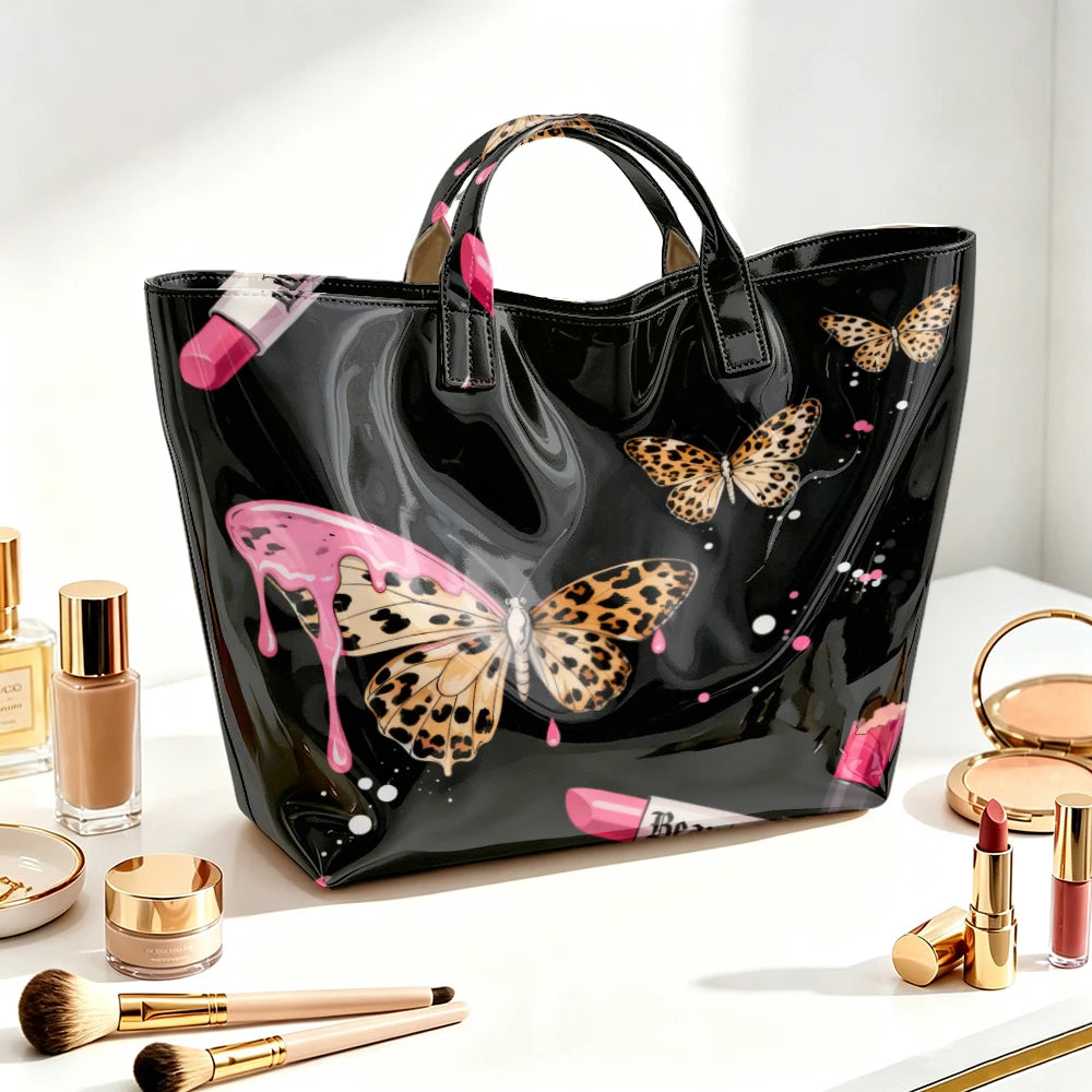 Leopard print pink lipstick gothic tote handbag for women with butterfly and dripping designs, large capacity street style shopping bag