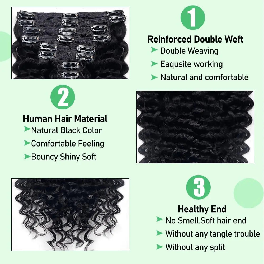 Deep wave clip-in hair extensions, 8-piece Brazilian Remy human hair set for Black women