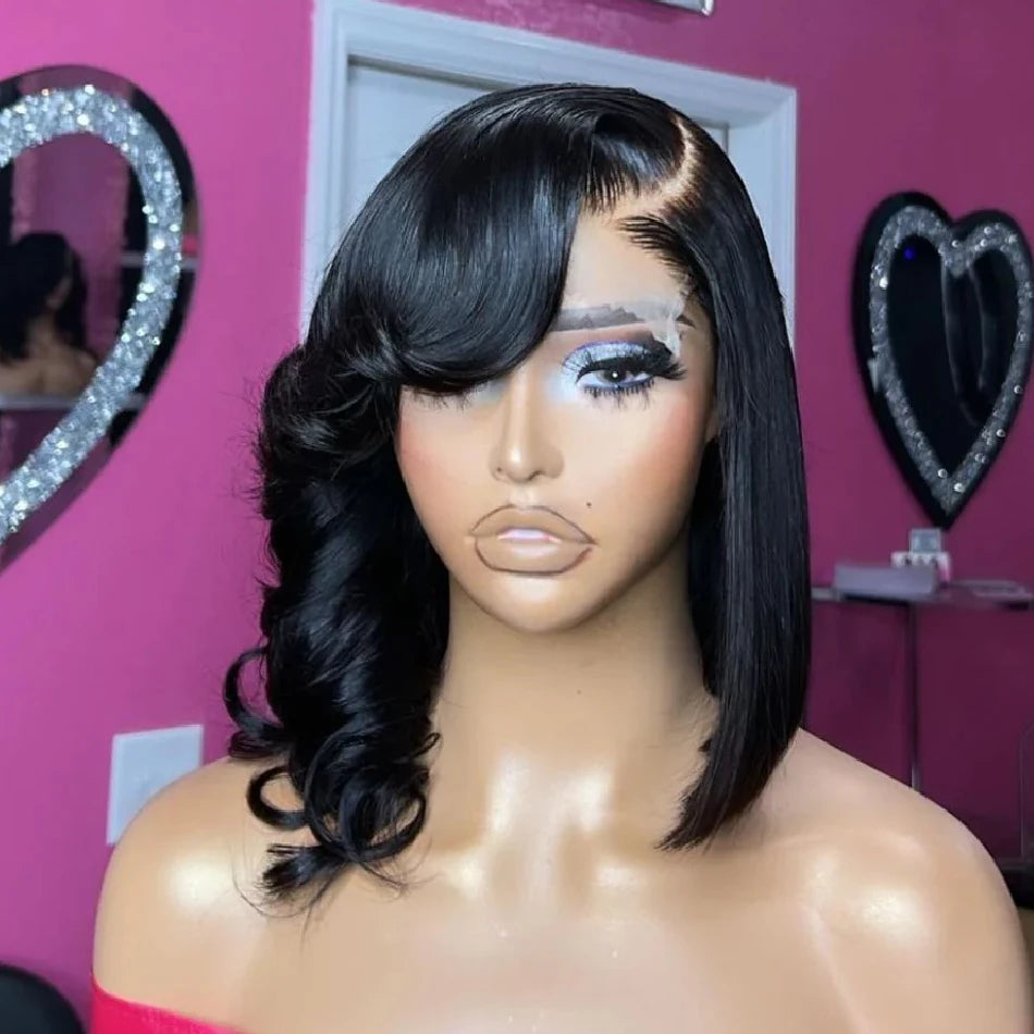 Brazilian straight human hair lace front wig with transparent lace, pre-plucked, 13x4 inch, layered cut, 250% density for women