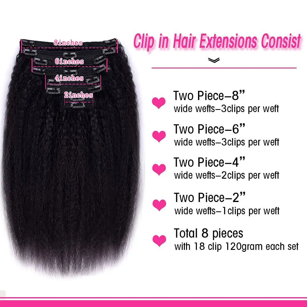 HSF Marketplace 26-inch kinky straight clip-in hair extensions, 120g 8-piece set, natural black Brazilian human hair