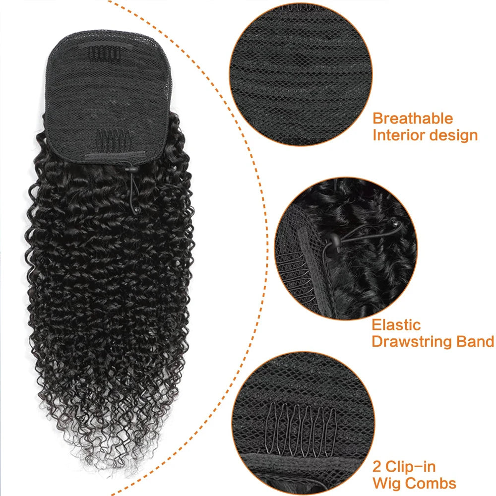 Vietnamese human hair kinky curly drawstring ponytail extension, 100% natural hair clip-in, 100g–140g