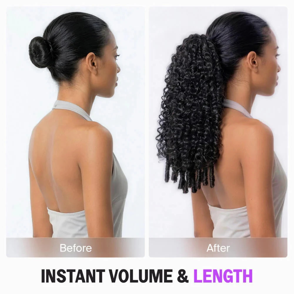 Burmese curly 100% human hair drawstring ponytail extension in natural black by HSF Marketplace