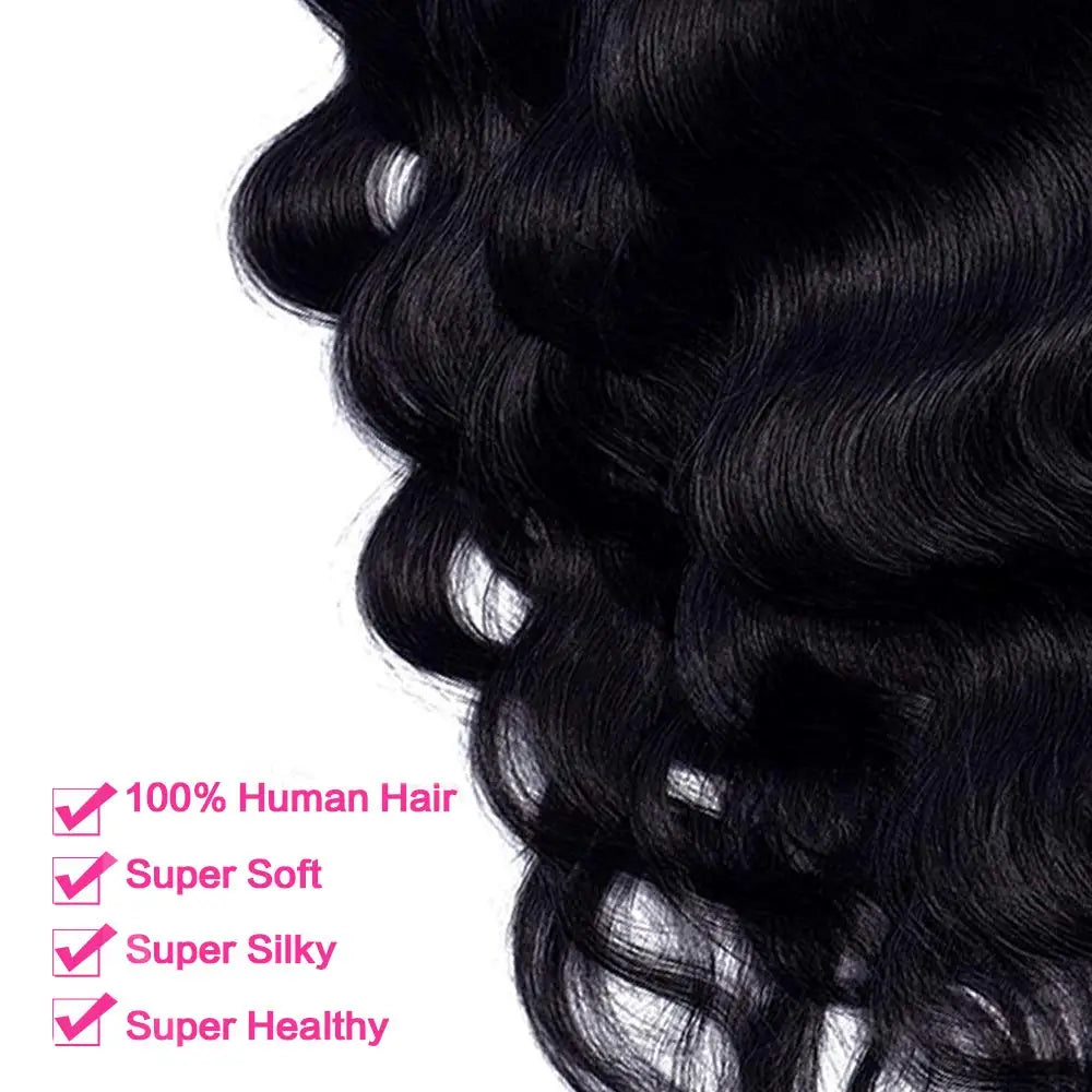 Black woman wearing 1B body wave Brazilian human hair clip-in extensions with double weft, 8-piece set