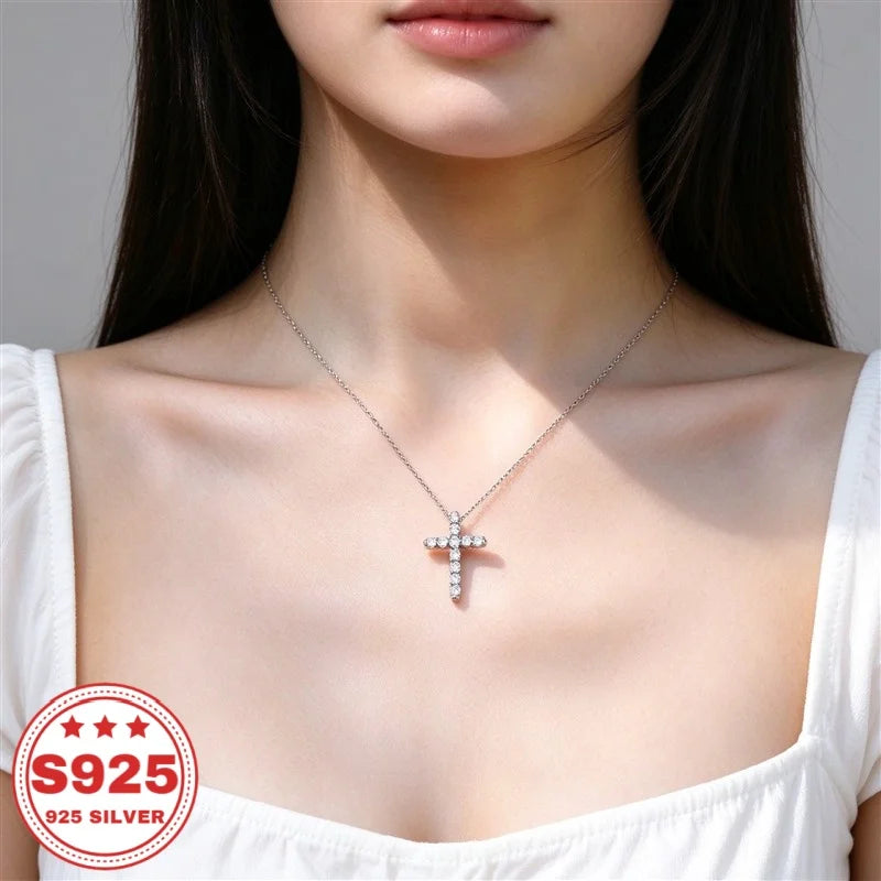 S925 sterling silver cross pendant necklace with cubic zirconia detailing by HSF Marketplace