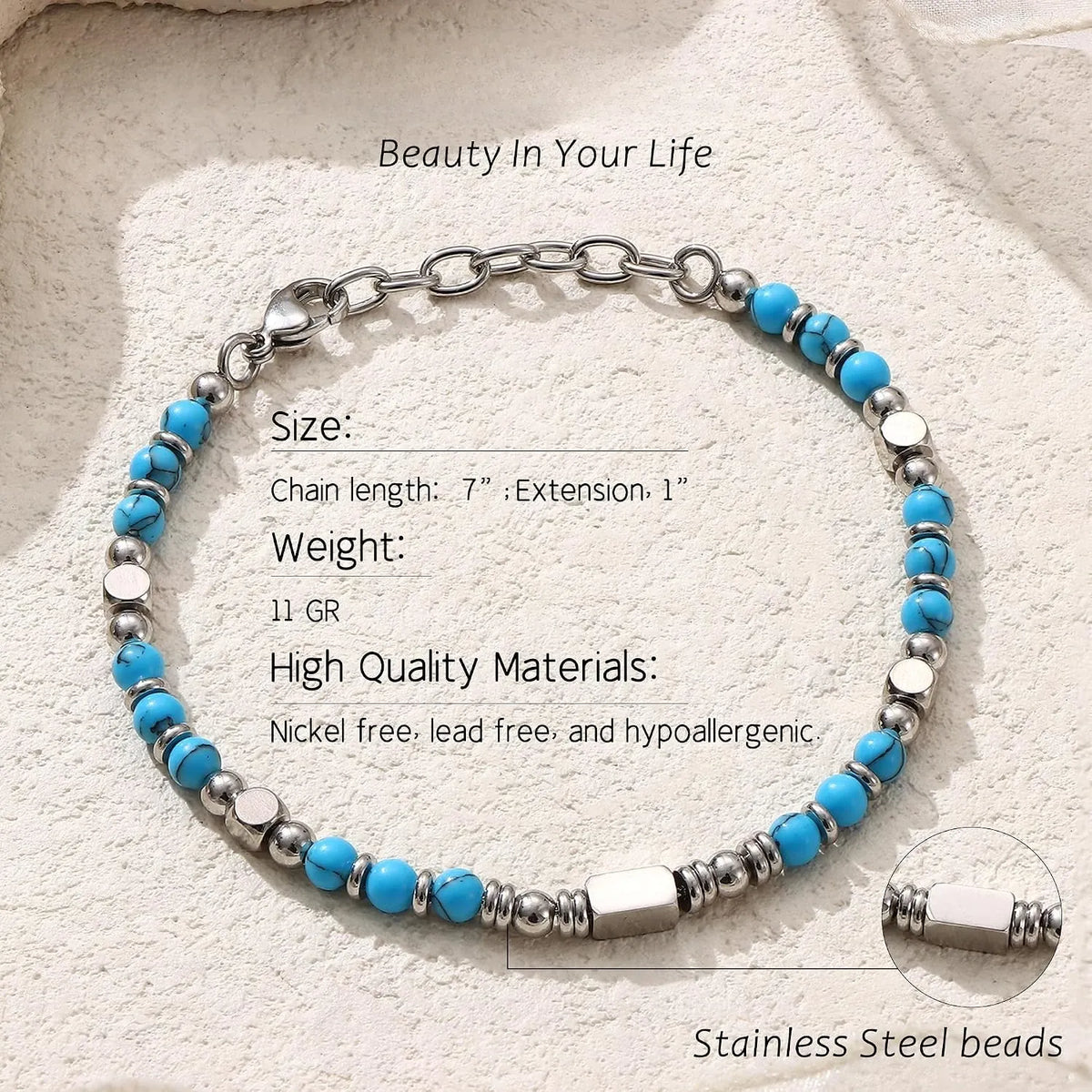 1PC Stainless Steel Fossil Obsidian Tiger's Eye Turquoise Pearl Beaded Bracelet for Men Women Natural Gemstone Stackable Healing Body Jewelry Daily Wear Meditation Party Holiday Best Friend Birthday Anniversary Gift Fashion A
