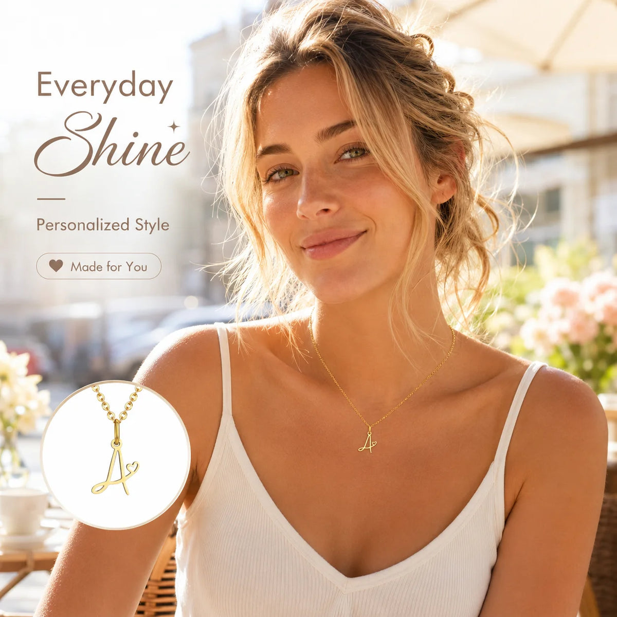 Gold plated dainty heart initial necklace for women with waterproof stainless steel monogram pendant featuring A-Z letter.