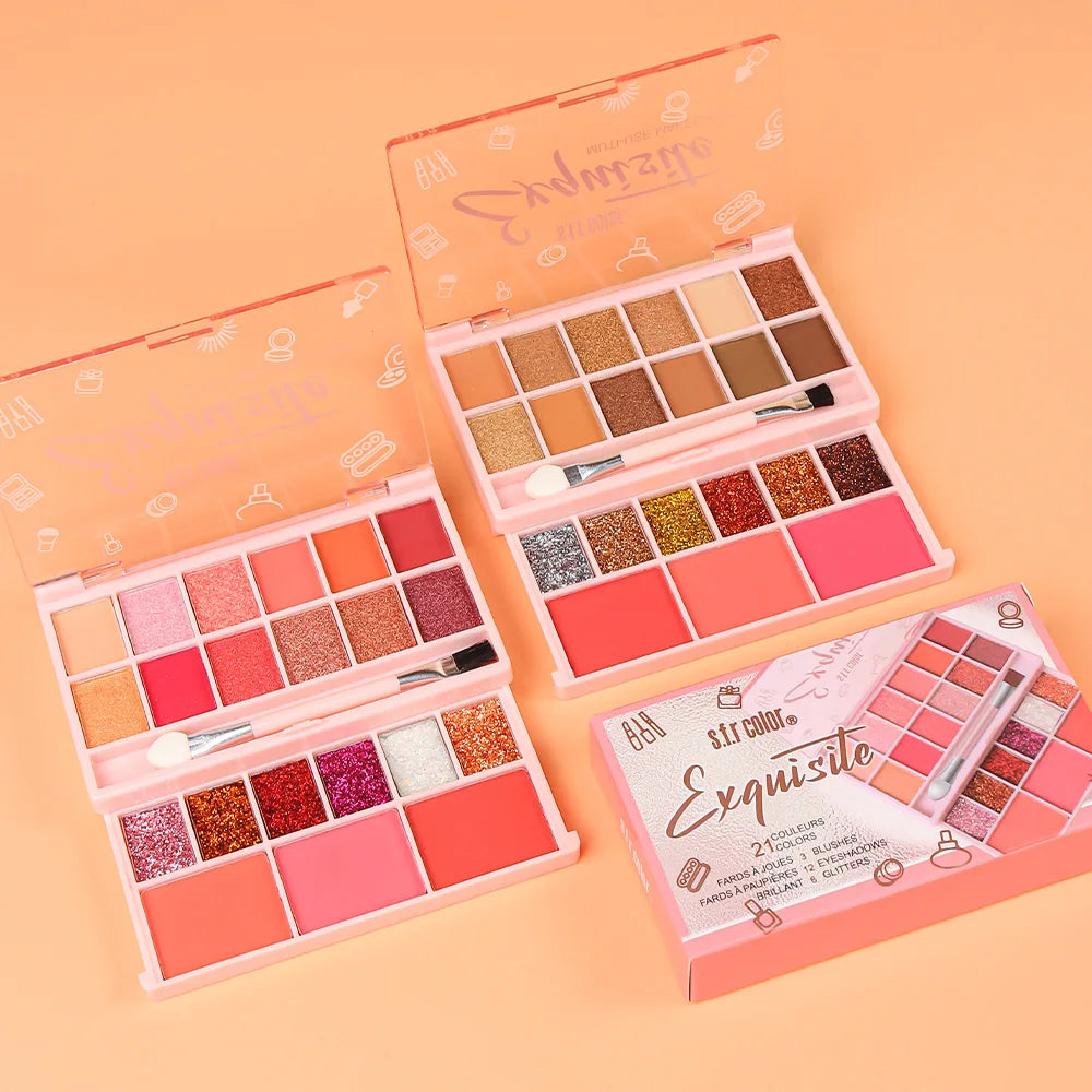S.f.r Color multi-use makeup kit with matte, shimmer, glitter eyeshadows and blush powder palette