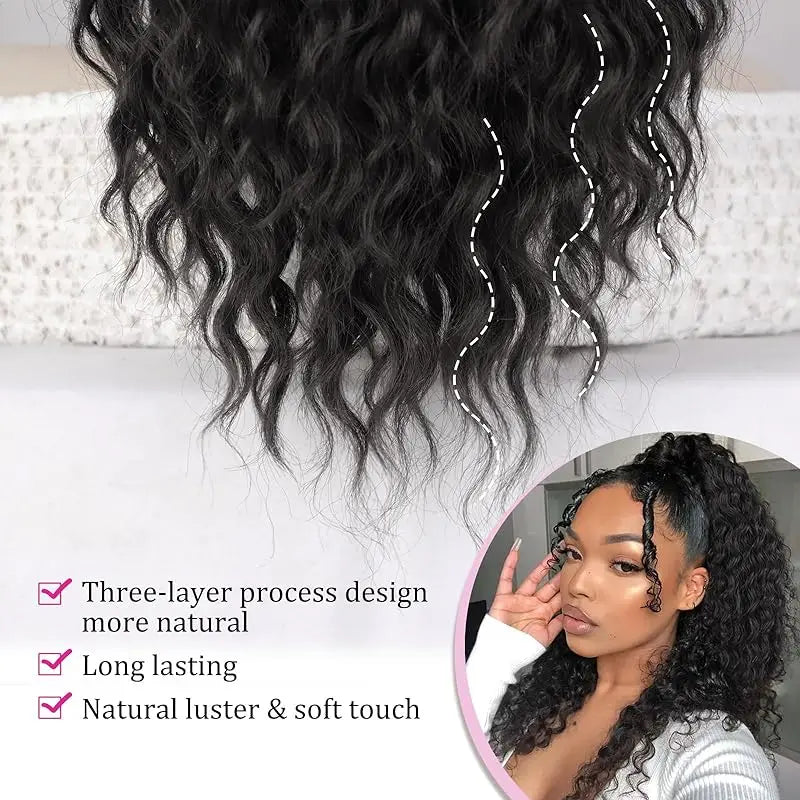 Deep wave curly drawstring ponytail extensions with clip-in design, thick natural human hair in shade #1B