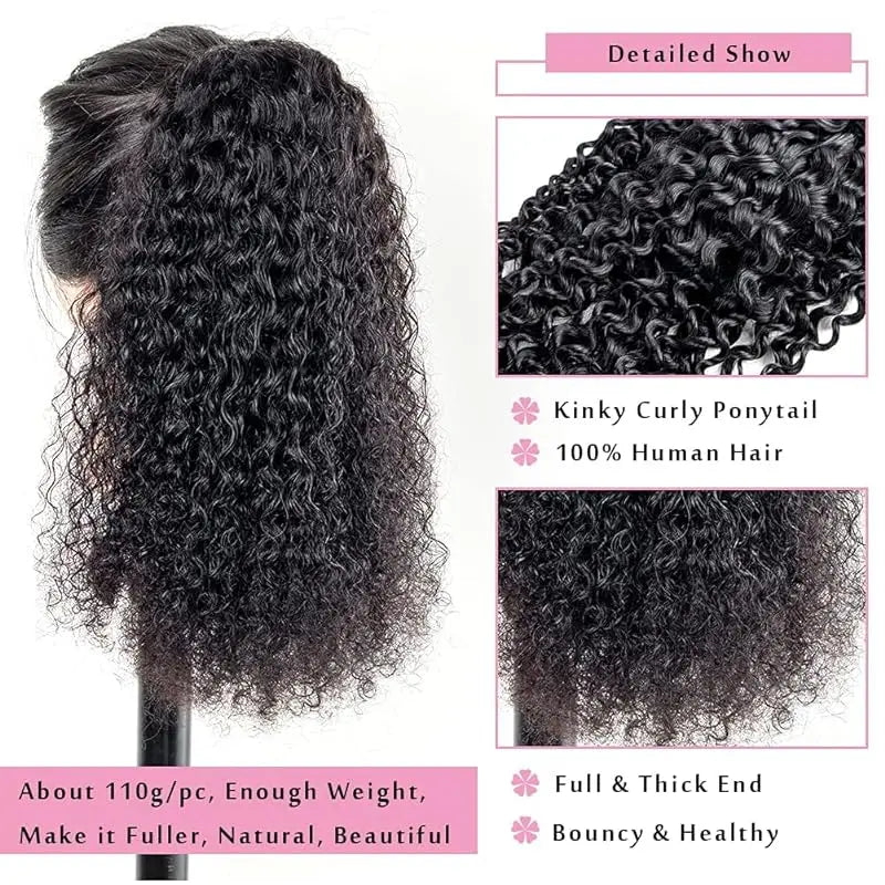 Deep wave curly drawstring ponytail extensions with clip, thick human hair in natural #1B for Black women