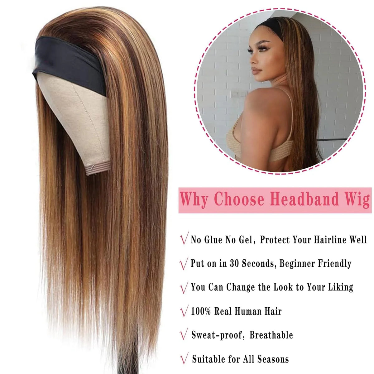 4/27 highlight ombre straight human hair headband wig, glueless Brazilian virgin hair, 150% density