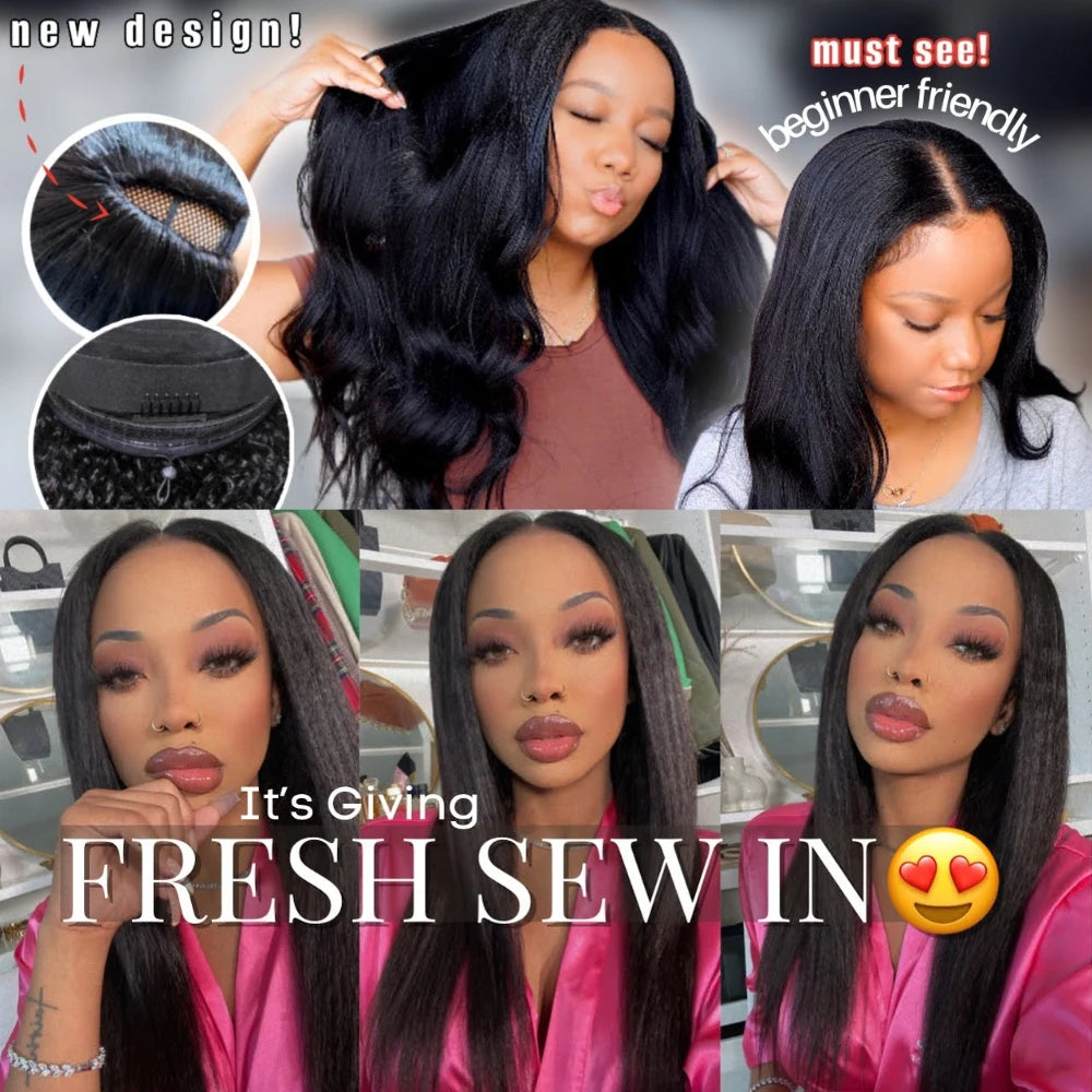 UNice Yaki Straight V Part Wig With Drawstring 100% Human Hair V Shaped Wig