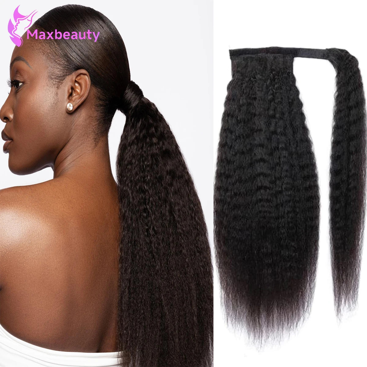 Natural black HSF Marketplace kinky straight Brazilian human hair ponytail with wrap-around magic tape and clip-in extension