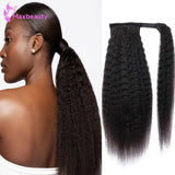 Natural black HSF Marketplace kinky straight Brazilian human hair ponytail with wrap-around magic tape and clip-in extension