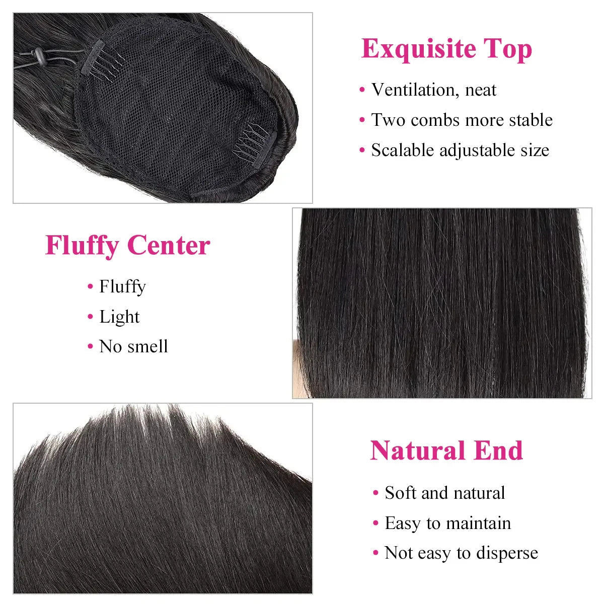 26-inch straight drawstring clip-in ponytail extension in natural-color Brazilian Remy human hair for women