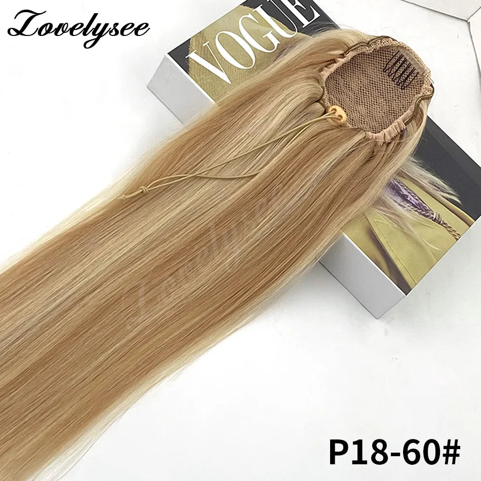 14-18 inch short straight drawstring ponytail clip-in extension made with 100% Brazilian human hair