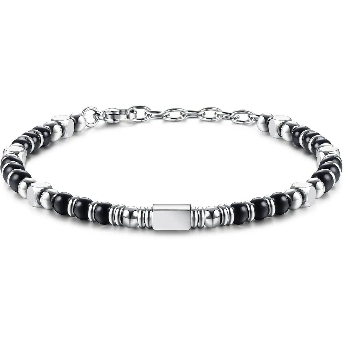 1PC Stainless Steel Fossil Obsidian Tiger's Eye Turquoise Pearl Beaded Bracelet for Men Women Natural Gemstone Stackable Healing Body Jewelry Daily Wear Meditation Party Holiday Best Friend Birthday Anniversary Gift Fashion A