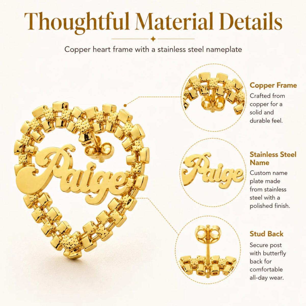 Personalized heart name stud earrings for women, custom jewelry gift in a delicate heart design