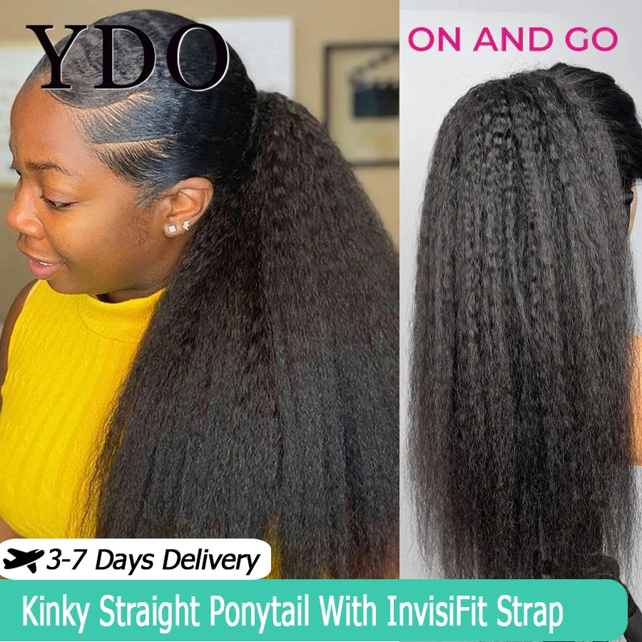Kinky Straight Ponytail With InvisiFit Strap Drawstrings 100% Human Hair Extension Ponytail Wear Go Natural Black For Women