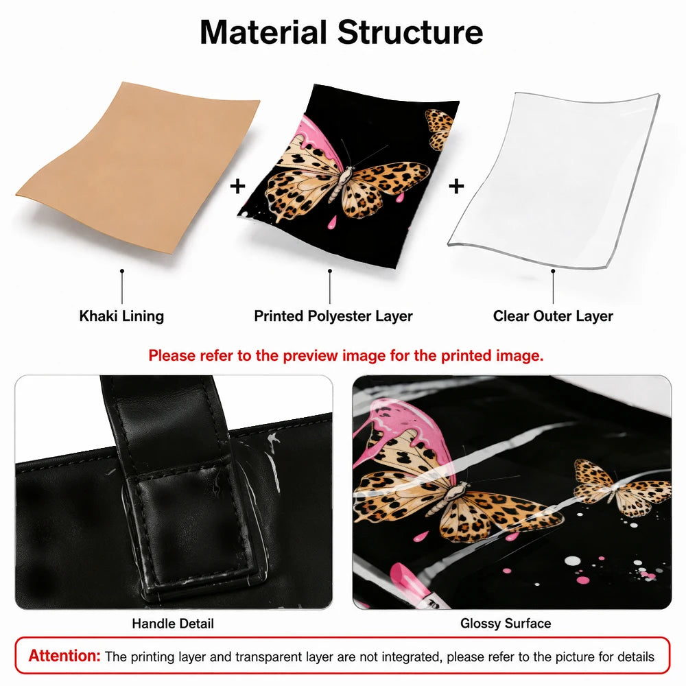 Leopard print gothic tote handbag with pink lipstick and butterfly design, large capacity handheld bag for women, street trend style.