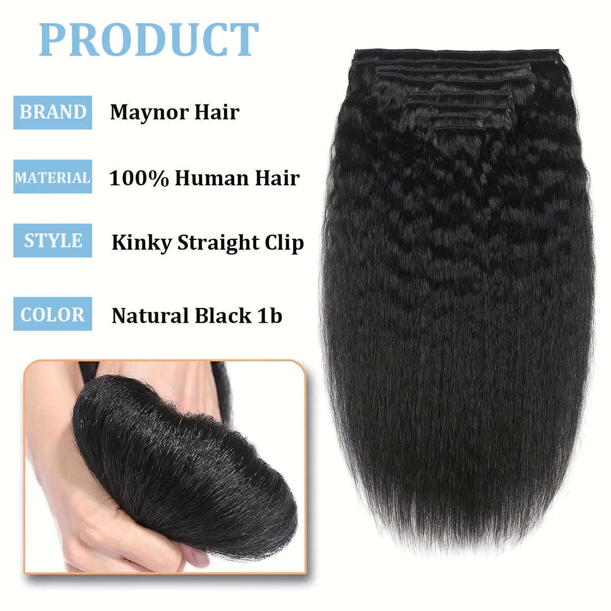 Kinky straight Brazilian Remy human hair clip-in extensions, natural color, 8-piece 120g set for women