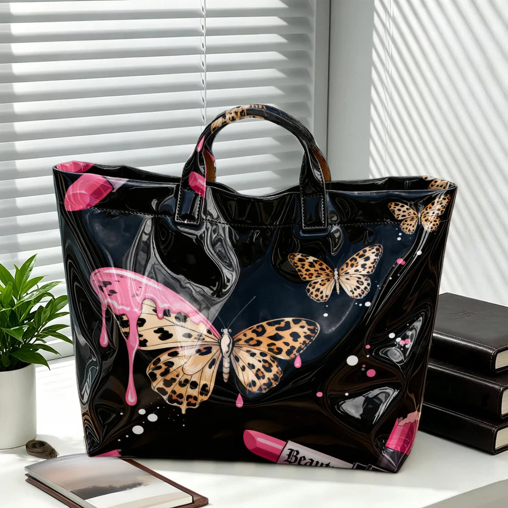 Leopard print tote handbag with pink lipstick and butterfly design, large capacity, gothic style, perfect for daily use.