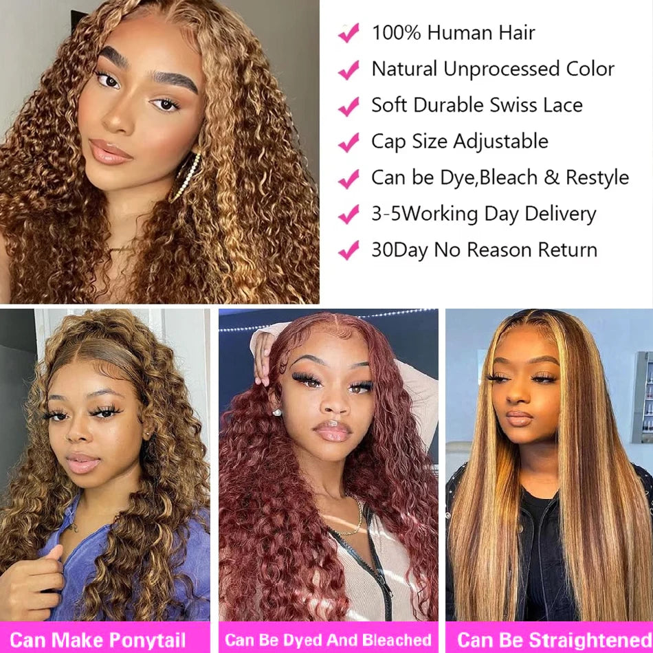 Deep curly ombre human hair wig with 13x6 lace front, water wave texture, Brazilian human hair, designed for women.