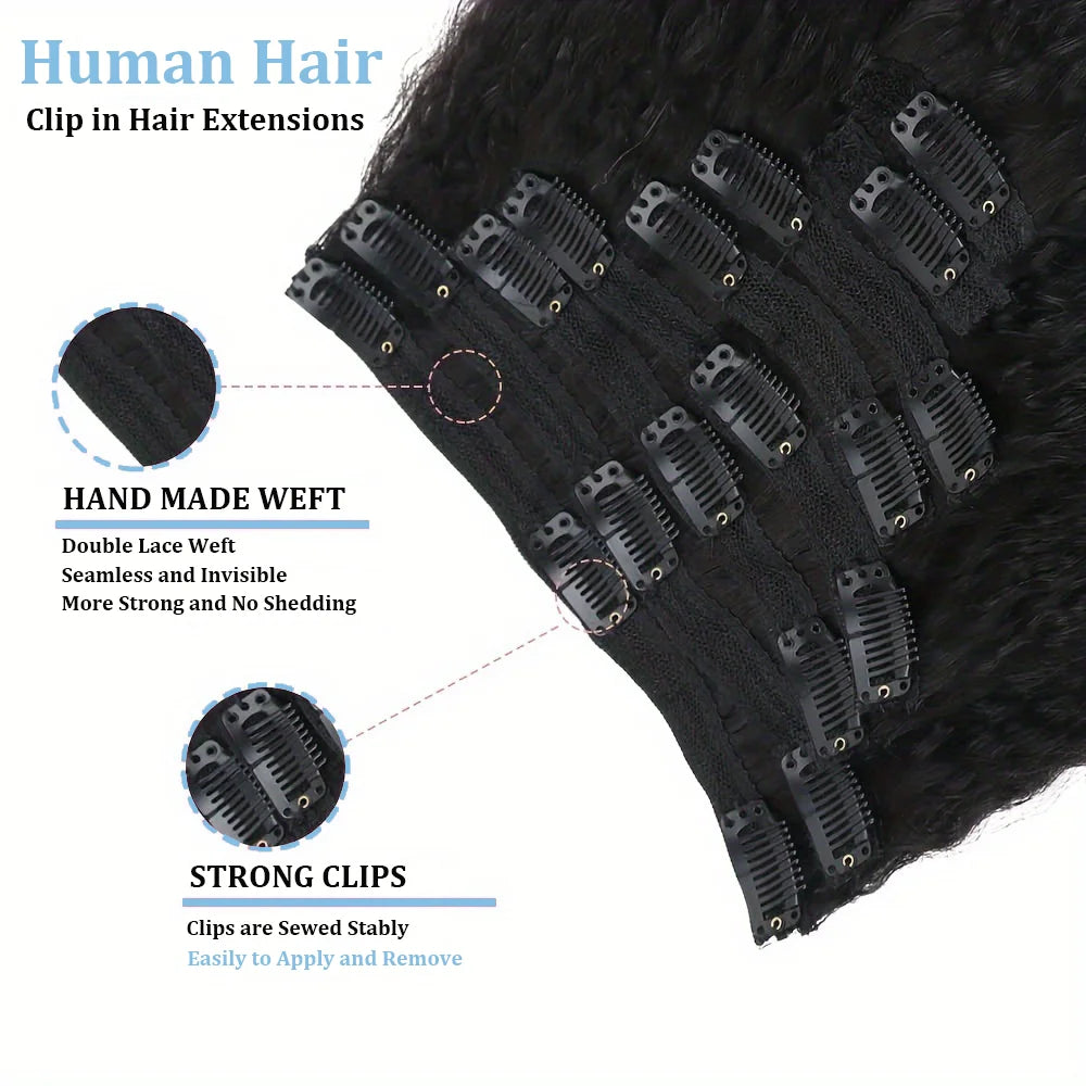 Brazilian kinky straight clip-in human hair extensions, natural color, 8-piece 120g set by HSF Marketplace