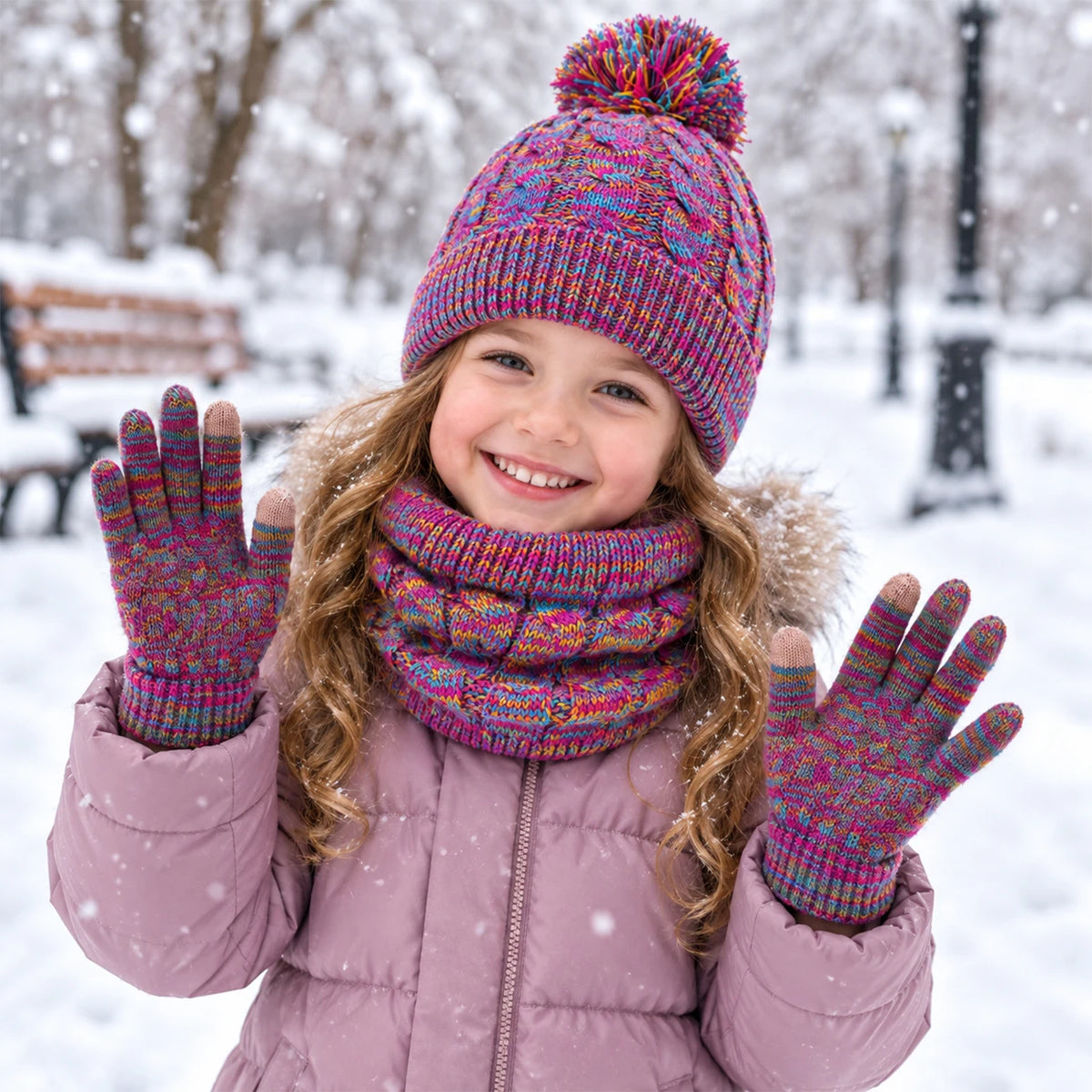 Kids winter hat scarf gloves set, warm knit beanie with pom pom by HSF Marketplace