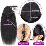Kinky straight human hair ponytail extension, wrap-around drawstring, natural black #1B