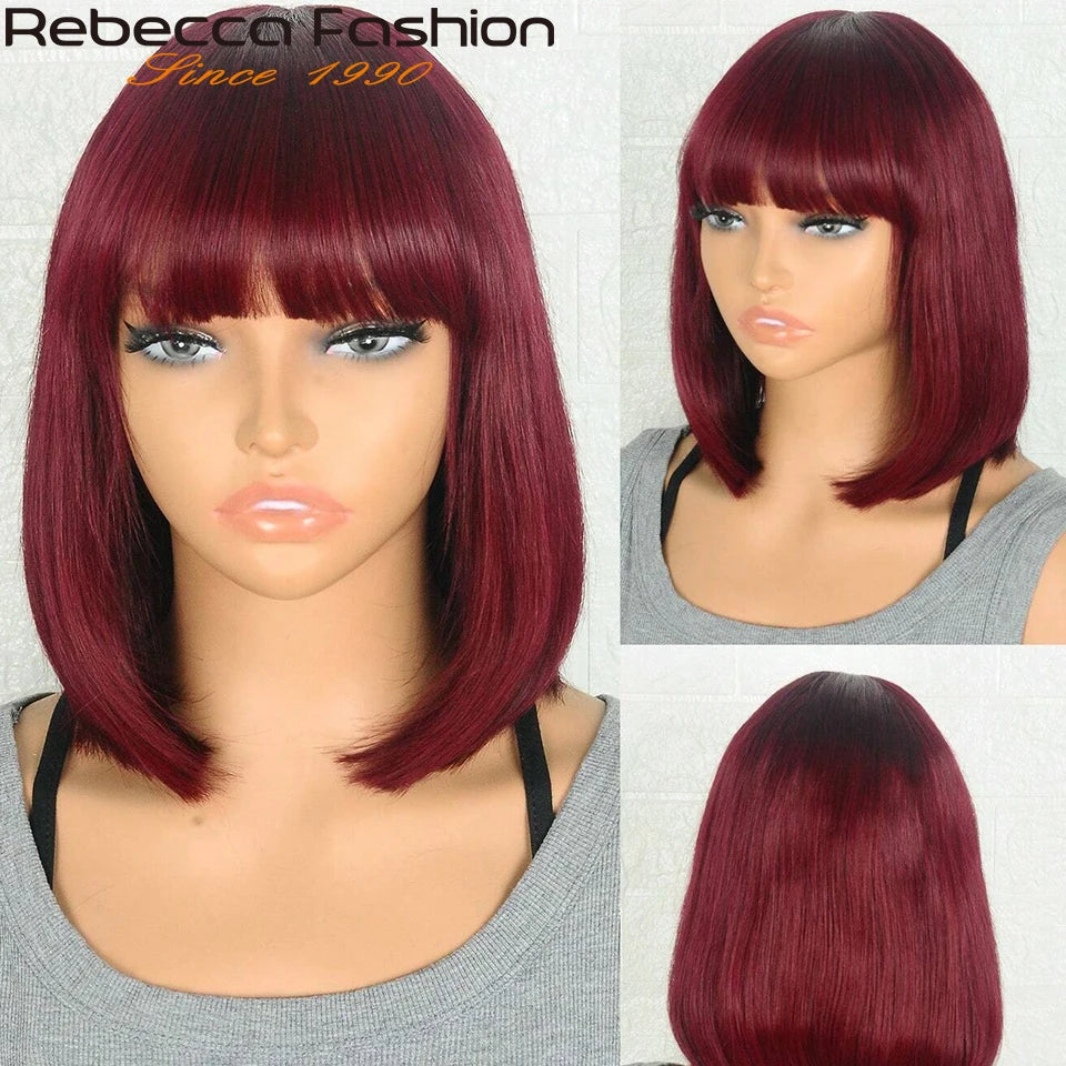 Rebecca Natural Black 99J orange short straight human hair wig with bangs, full machine-made Remy hair, for women.