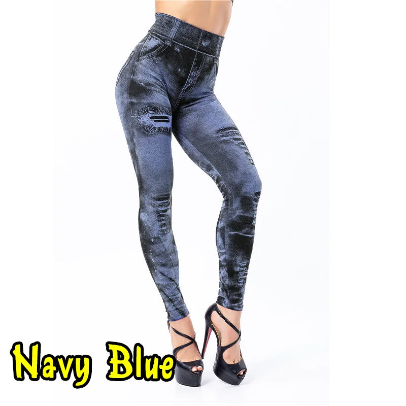 Women’s high-waist imitation jeans stretch push-up leggings by HSF Marketplace in casual streetwear style