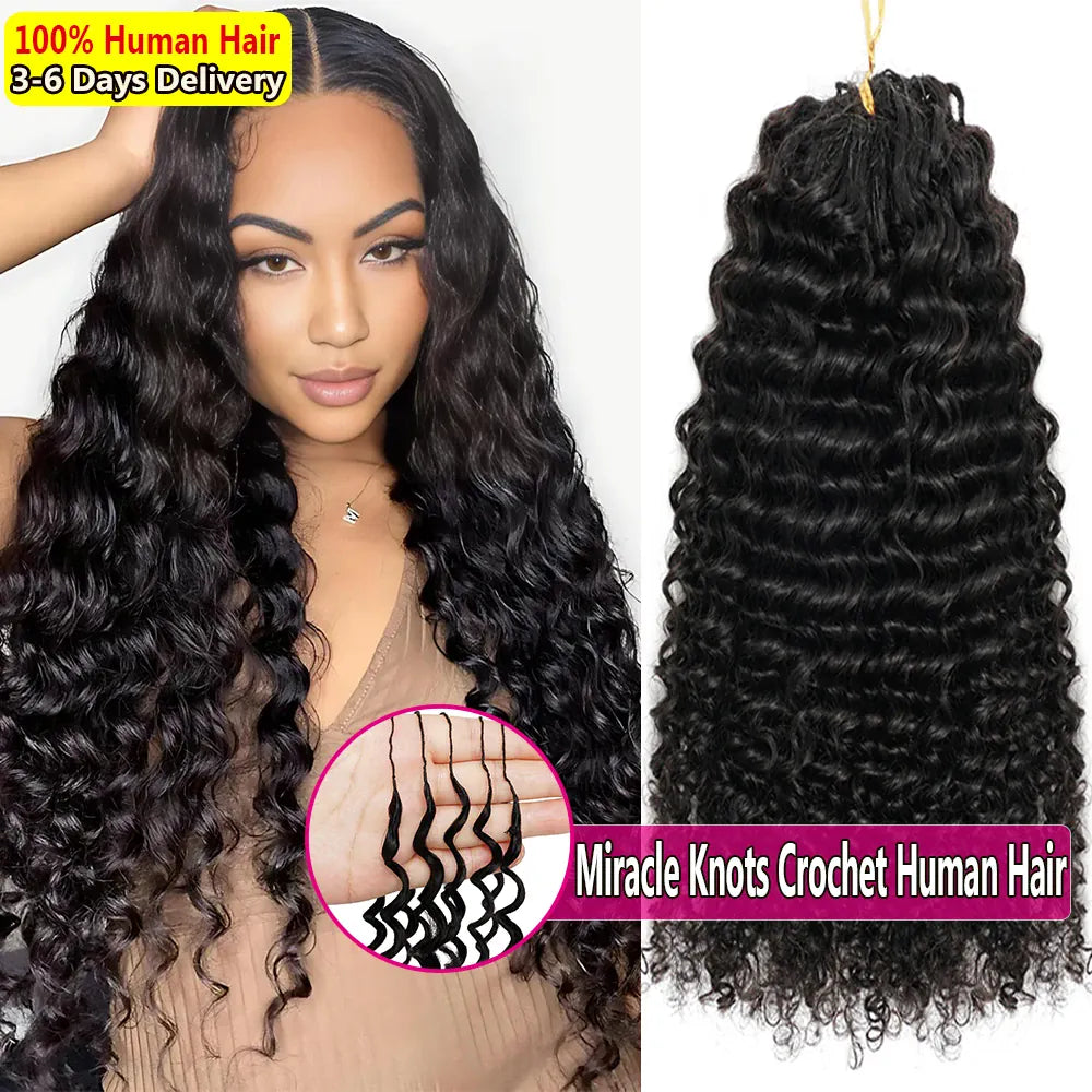 Miracle Knots Crochet Human Hair Deep Wave Bundles Invisible Knot Burmese Curly Boho Braids Crochet Human Hair Extensions 16-20 Inch Pre-Separated Reusable Feathered Human Crochet Curly 100% Human Hair For Black Women Lightwe