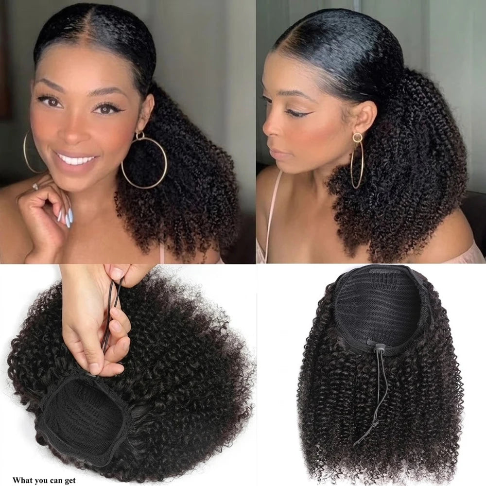 100% human hair kinky curly drawstring ponytail extension in natural black, Vietnamese hair clip-in style