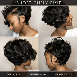 (Morrigan) Short Curly Pixie Human Hair Wig, 13x4x1 T-Part Lace Front, Layered Glueless Style