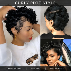 (Morrigan) Short Curly Pixie Human Hair Wig, 13x4x1 T-Part Lace Front, Layered Glueless Style