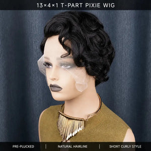 (Morrigan) Short Curly Pixie Human Hair Wig, 13x4x1 T-Part Lace Front, Layered Glueless Style