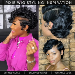 (Morrigan) Short Curly Pixie Human Hair Wig, 13x4x1 T-Part Lace Front, Layered Glueless Style