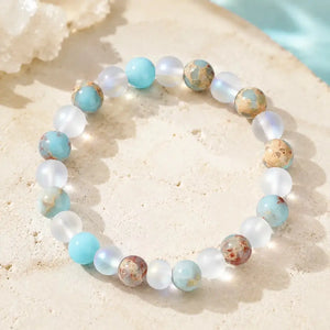 Aura Quartz & Ocean Sediment Gemstone Bead Bracelet, Unisex Crystal Stretch Jewelry