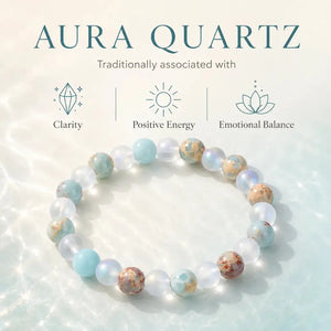 Aura Quartz & Ocean Sediment Gemstone Bead Bracelet, Unisex Crystal Stretch Jewelry