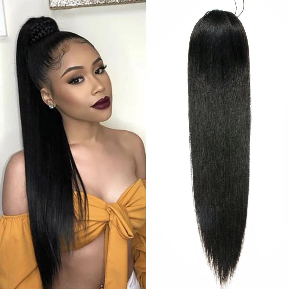 Aliballad Brazilian straight human hair drawstring ponytail extension with clip-in combs, 150g