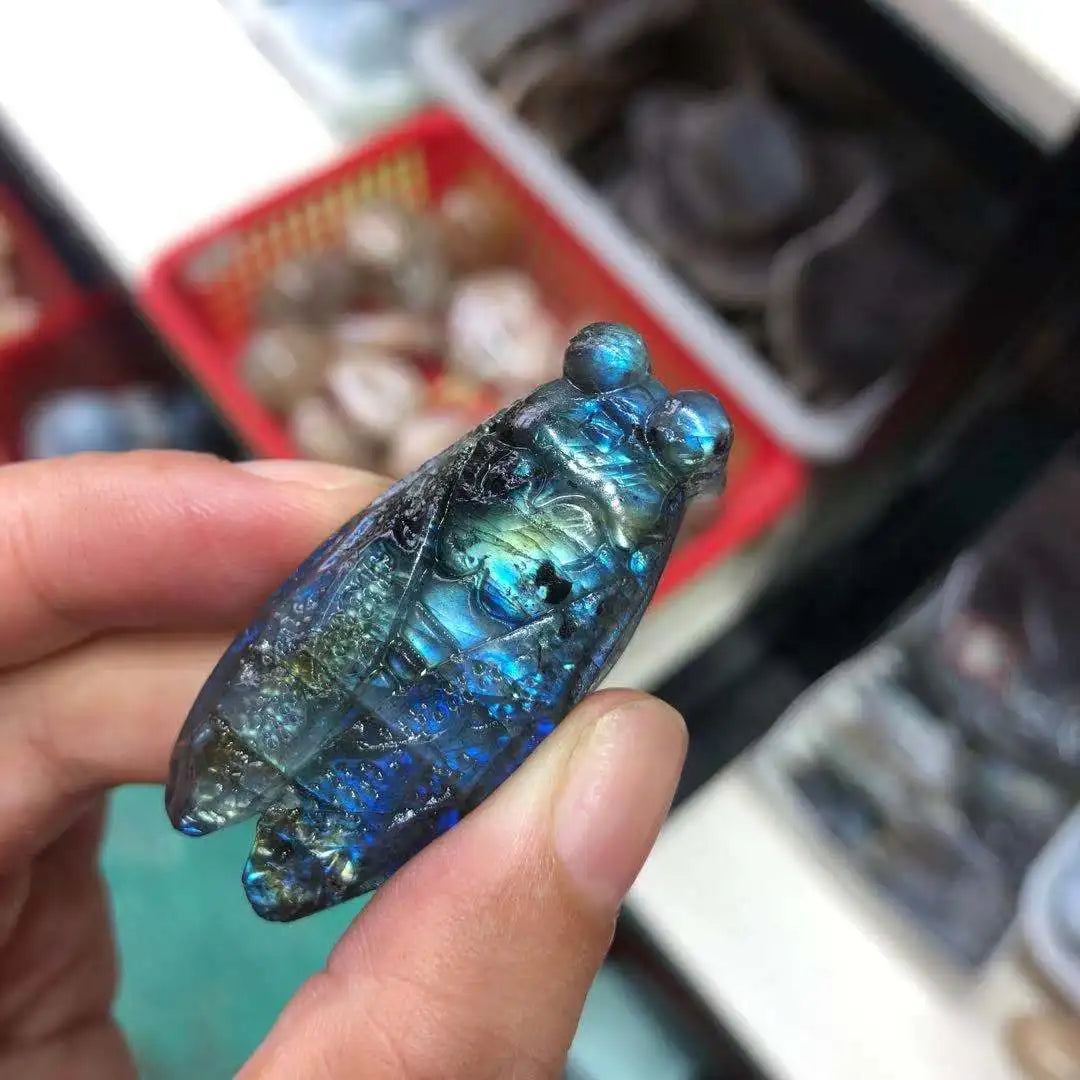 Natural Quartz Carvings Labradorite Owl Cicada Animal Crystals Healing Stones For Spiritual Decor