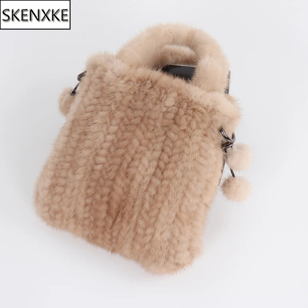 Genuine mink fur shoulder bag for women with top handle, cross-body style, crafted by HSF Marketplace, stylish and high-quality.