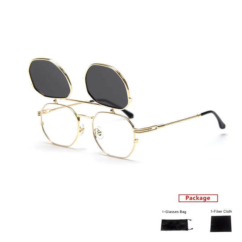 Mimiyou polarized polygon flip-up sunglasses for women and men, vintage punk style with UV400 protection and bold frame design.
