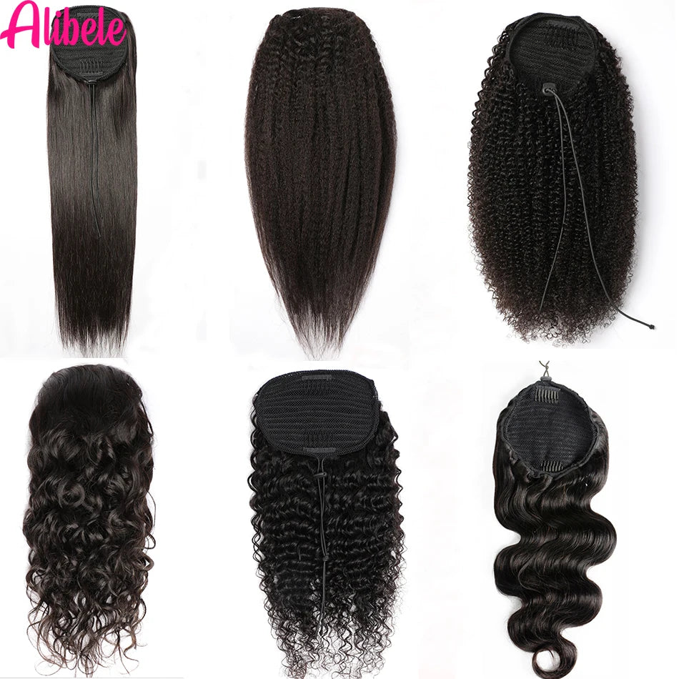Alibele Mongolian Afro kinky curly drawstring ponytail human hair extension, 4B 4C Remy texture, clip-in style